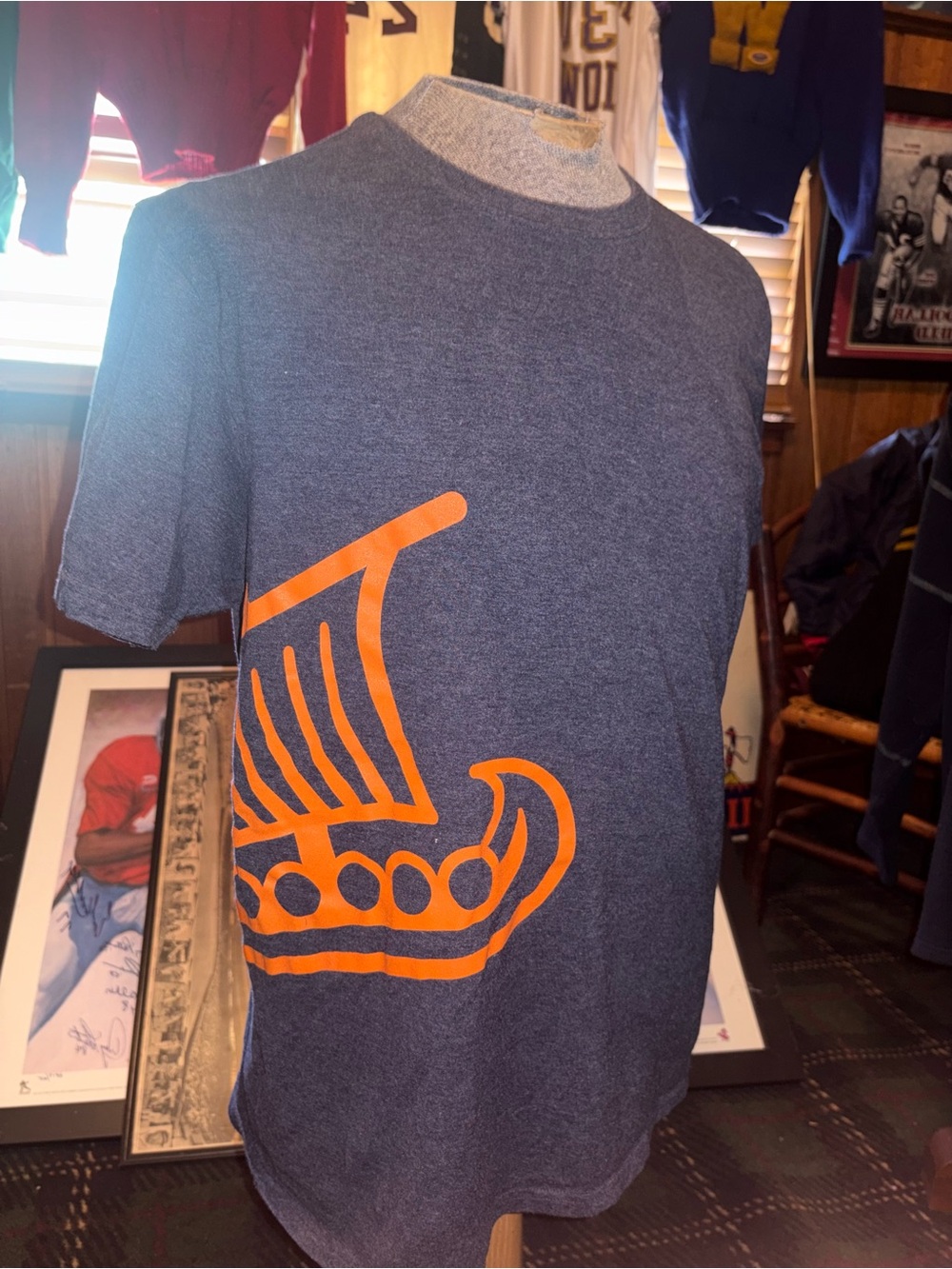 Salvage Navy Blue Short Sleeve Tee with Orange Viking Ship Graphic